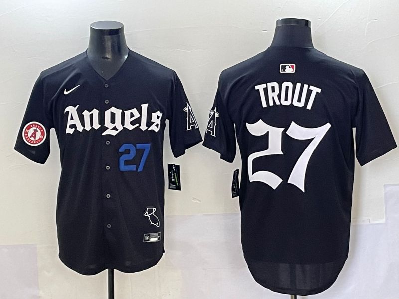 Men 2025 Los Angeles Angels #27 Trout Black Five generations Joint Name Nike MLB Jersey style 10